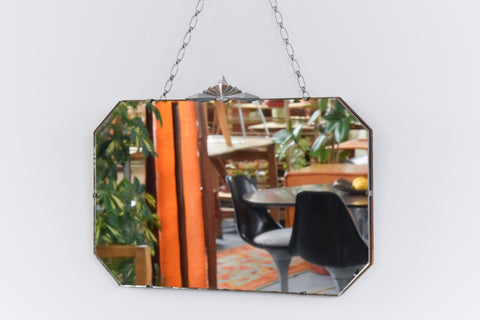 Vintage Art Deco Mirror with Silver Chrome Finial and Octagonal Shape