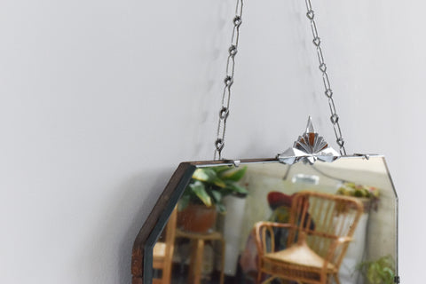Vintage Art Deco Mirror with Silver Chrome Finial and Octagonal Shape