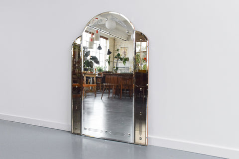 Vintage Art Deco Style Frameless Overmantle Mirror with Cut Glass and Smoked Glass Panels