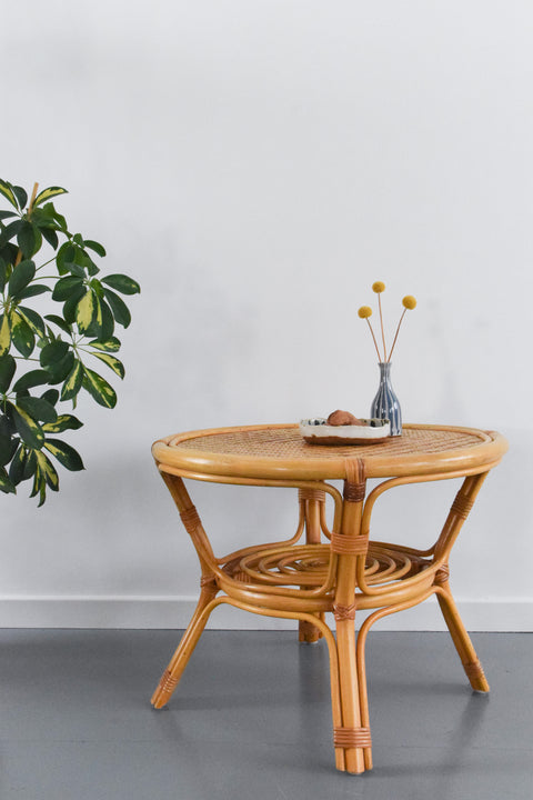 Vintage Bamboo and Wicker Circular Coffee Table