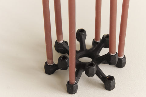 Vintage Small 1960s Black Cast Iron Japanese Candelabra