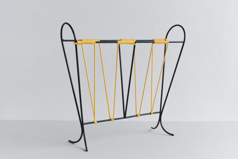 Vintage Black and Yellow Metal and Plastic Magazine Rack