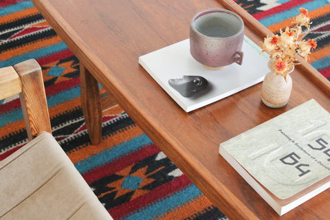 Vintage Blue Orange Red and Black Patterned Aztec Flat Weave Wool Rug