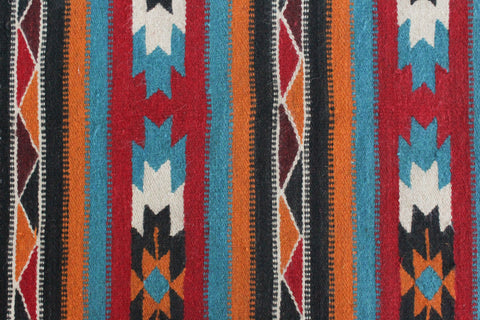 Vintage Blue Orange Red and Black Patterned Aztec Flat Weave Wool Rug