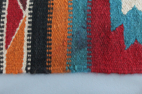 Vintage Blue Orange Red and Black Patterned Aztec Flat Weave Wool Rug