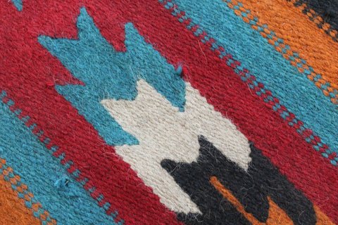 Vintage Blue Orange Red and Black Patterned Aztec Flat Weave Wool Rug