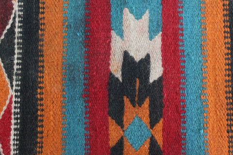 Vintage Blue Orange Red and Black Patterned Aztec Flat Weave Wool Rug