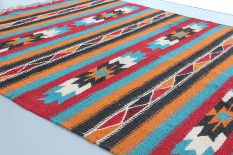 Vintage Blue Orange Red and Black Patterned Aztec Flat Weave Wool Rug