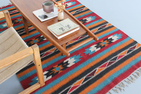 Vintage Blue Orange Red and Black Patterned Aztec Flat Weave Wool Rug