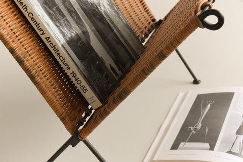 Vintage Folding Wicker / Rattan and Metal Magazine Rack