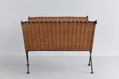 Vintage Folding Wicker / Rattan and Metal Magazine Rack