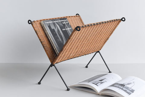 Vintage Folding Wicker / Rattan and Metal Magazine Rack