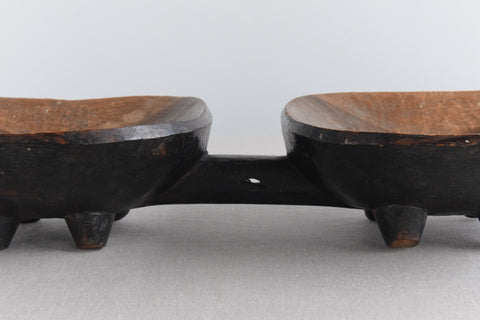 Vintage Folk Art Hand Carved Wooden Double Bowl