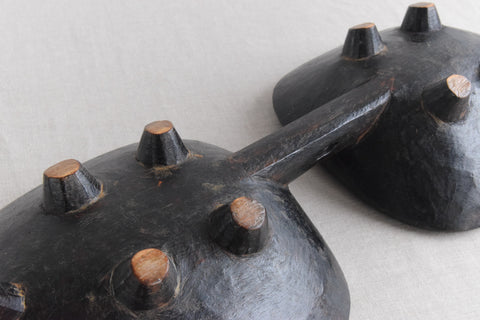 Vintage Folk Art Hand Carved Wooden Double Bowl