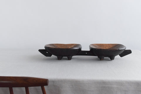 Vintage Folk Art Hand Carved Wooden Double Bowl