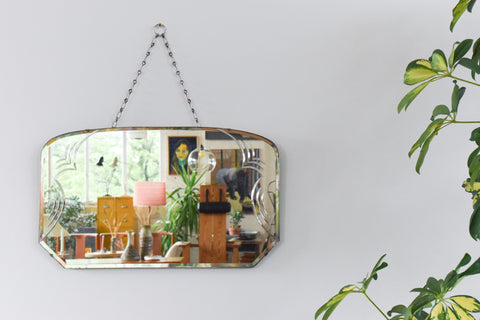 Vintage Frameless Bevelled Wall Mirror with Cut Glass