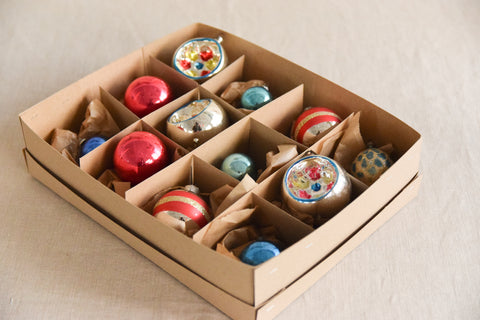 Vintage Glass Christmas Tree Baubles / Ornaments Set of 12 Boxed Assorted