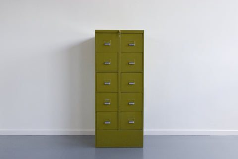 Vintage Green 10 Drawer Metal Filing Cabinet