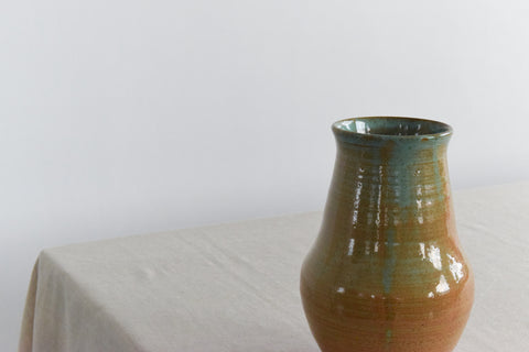 Vintage Green and Beige Scottish Kirkcudbright Studio Pottery Vase by Tom Lochhead