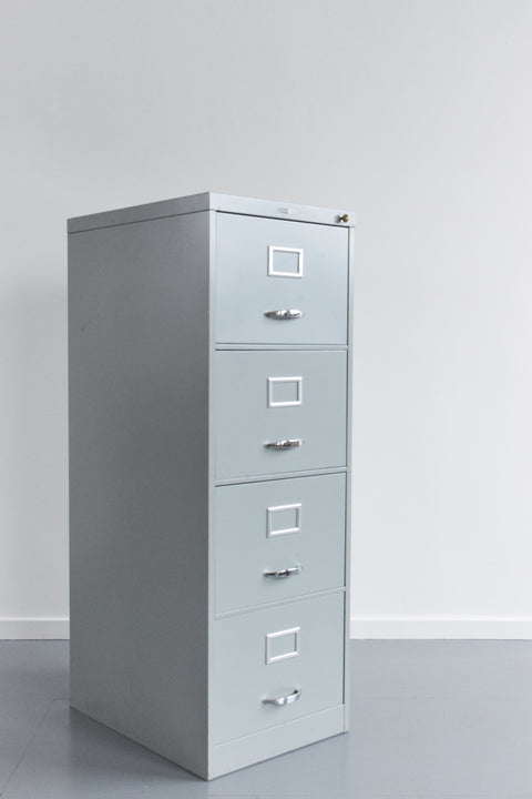 Vintage Grey/Blue Four Drawer Metal Filing Cabinet Manufactured by Harvey Milner