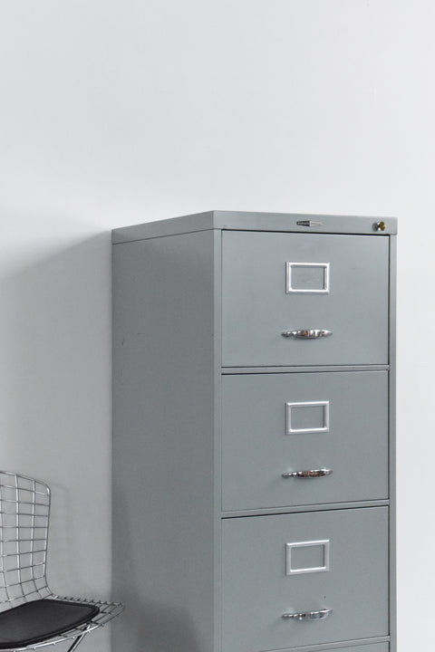 Vintage Grey/Blue Four Drawer Metal Filing Cabinet Manufactured by Harvey Milner