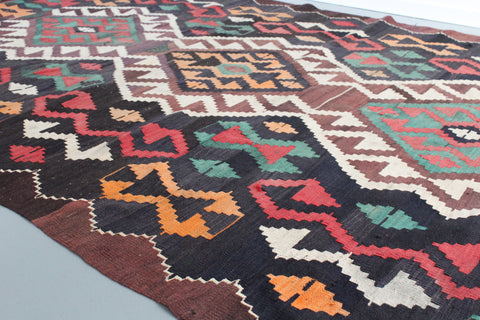 Vintage Large Geometric Patterned Kilim Woven Wool Rug