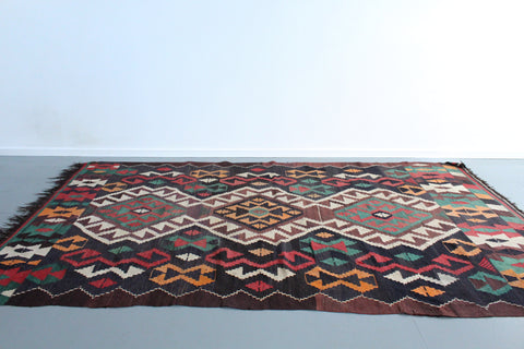 Vintage Large Geometric Patterned Kilim Woven Wool Rug