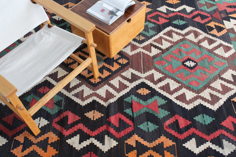 Vintage Large Geometric Patterned Kilim Woven Wool Rug