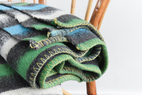 Vintage Large Blue, Green, Grey and White Striped Blanket
