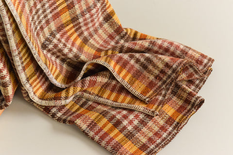 Vintage Large Brown, Red, Yellow and Beige Checked Blanket