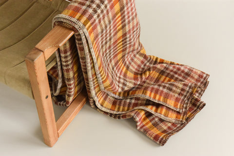Vintage Large Brown, Red, Yellow and Beige Checked Blanket