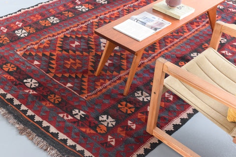 Vintage Large Geometric Patterned Kilim Woven Wool Rug