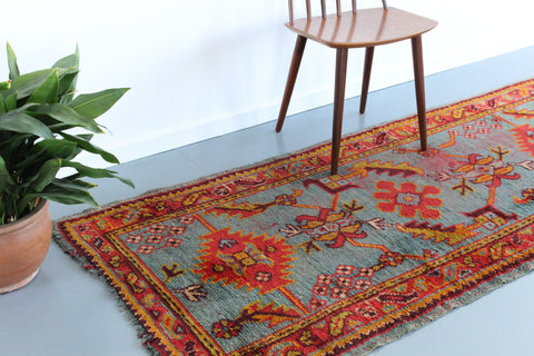 Vintage Red Orange and Green Patterned Persian Wool Runner / Rug