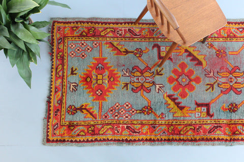 Vintage Red Orange and Green Patterned Persian Wool Runner / Rug