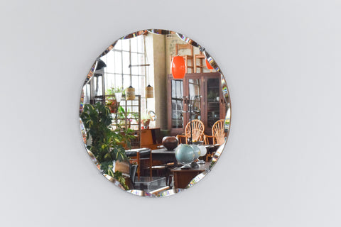 Vintage Large Round Frameless Bevelled Wall Mirror