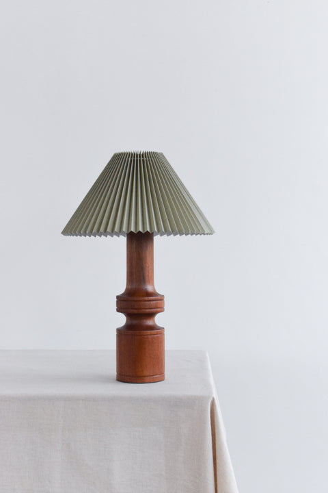 Vintage Large Teak Table Lamp with New Sage Green Pleated Lampshade