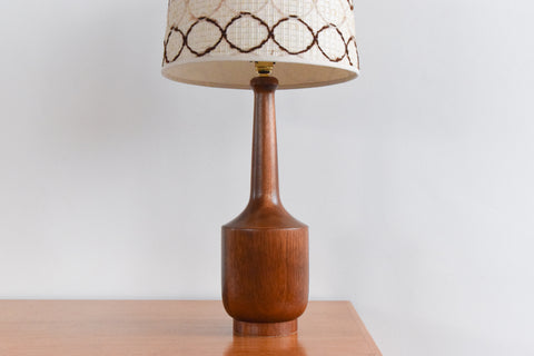 Vintage Large Teak Table Lamp with Original Wool Patterned Shade