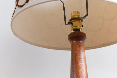 Vintage Large Teak Table Lamp with Original Wool Patterned Shade