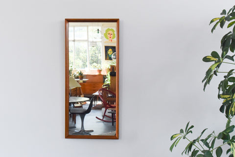 Vintage Long Teak Framed Wall Mirror