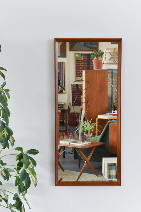 Vintage Long Teak Framed Wall Mirror