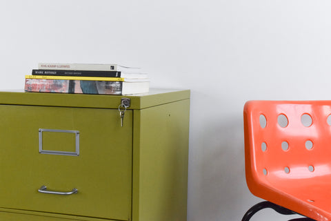 Vintage Metal Two Drawer Filing Cabinet in Avocado Green