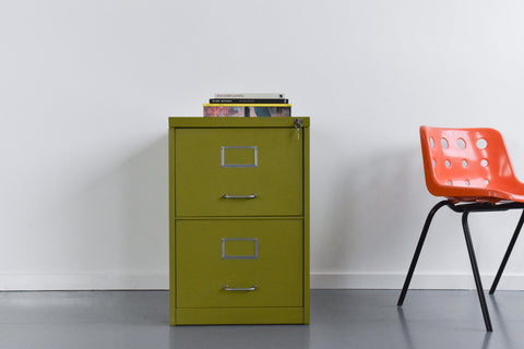 Vintage Metal Two Drawer Filing Cabinet in Avocado Green