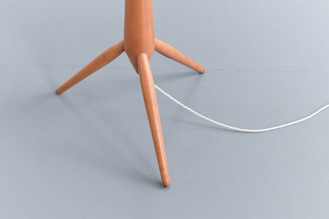 Vintage Mid Century Modern Wooden Standing Tripod Lamp and Pleated White Shade