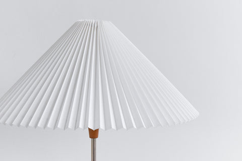Vintage Mid Century Modern Wooden Standing Tripod Lamp and Pleated White Shade