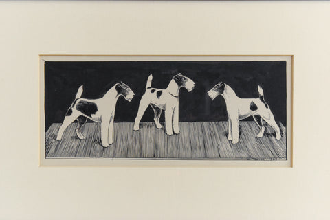 Vintage Pen and Ink Drawing of Fox Terrier Dogs Signed W. Towler 1929