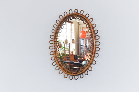 Vintage Oval Bamboo Franco Albini Style Mirror