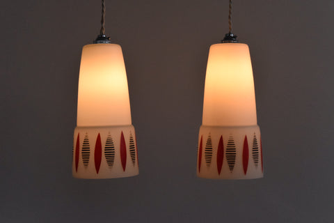 Vintage Pair of 1950s Patterned Glass Pendant Light Shades
