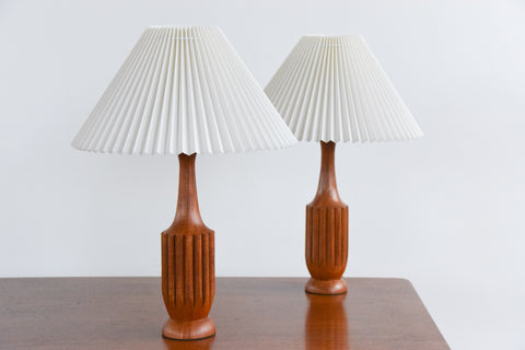 Vintage Pair of Scolloped Teak Table Lamps with New White Pleated Lampshades