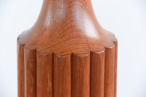 Vintage Pair of Scolloped Teak Table Lamps with New White Pleated Lampshades