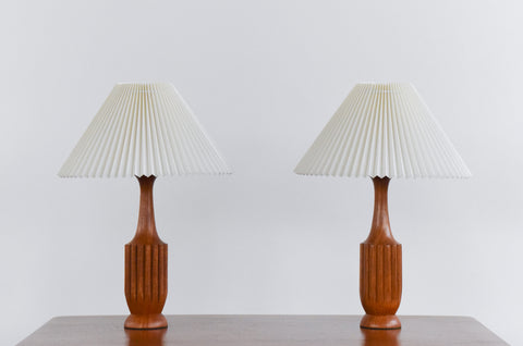 Vintage Pair of Scolloped Teak Table Lamps with New White Pleated Lampshades